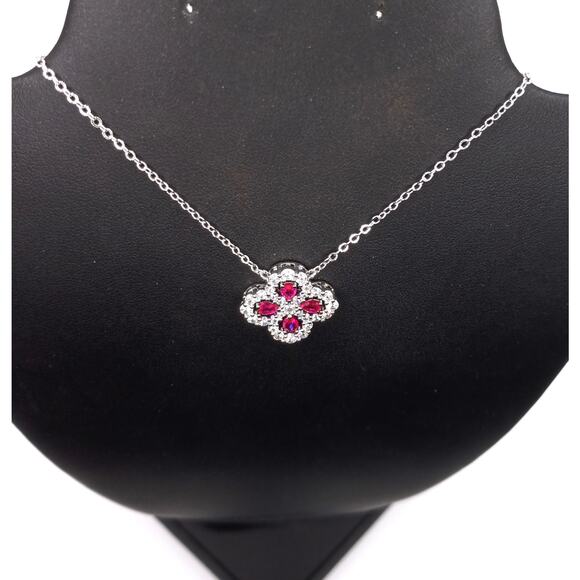 Flower Silver Necklace Simulated Ruby CZ Pendant 16"+2" Extender - Picture 2 of 3